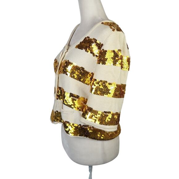 Vintage Y2K Forever 21 Cream Knit Cardigan Sweater Gold Sequin Stripes M - Picture 3 of 5